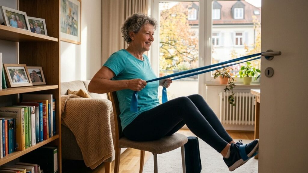 Frau über 60 macht Kräftigungsübungen mit Gymnastikband zuhause gegen Muskelabbau ab 60