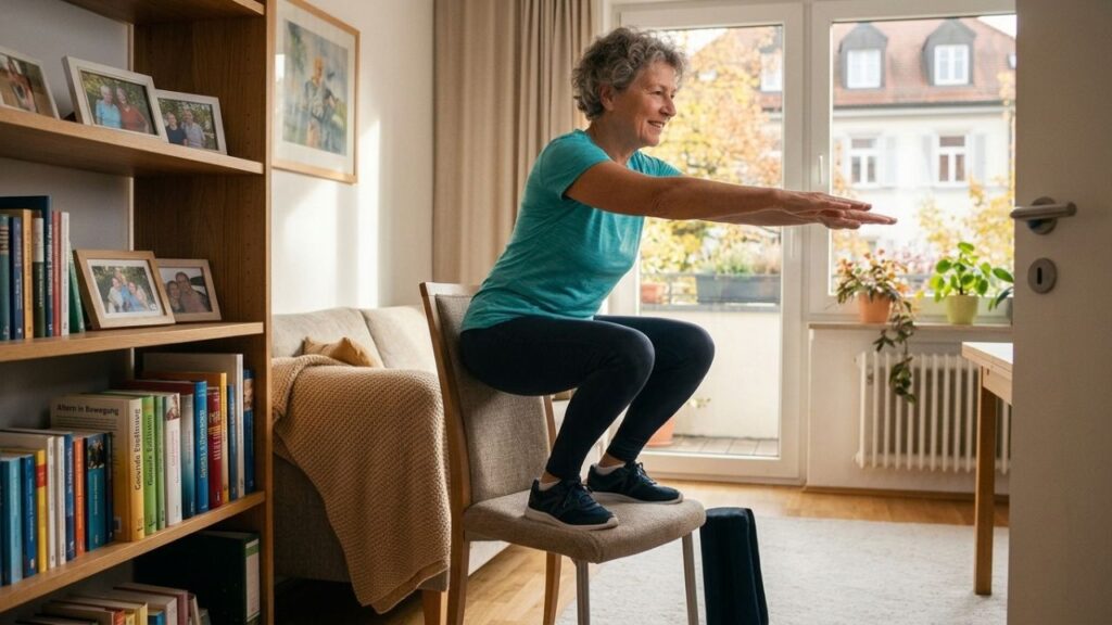 Ältere Frau macht eine Stuhl-Kniebeuge im Wohnzimmer als einfache Übung gegen Muskelabbau