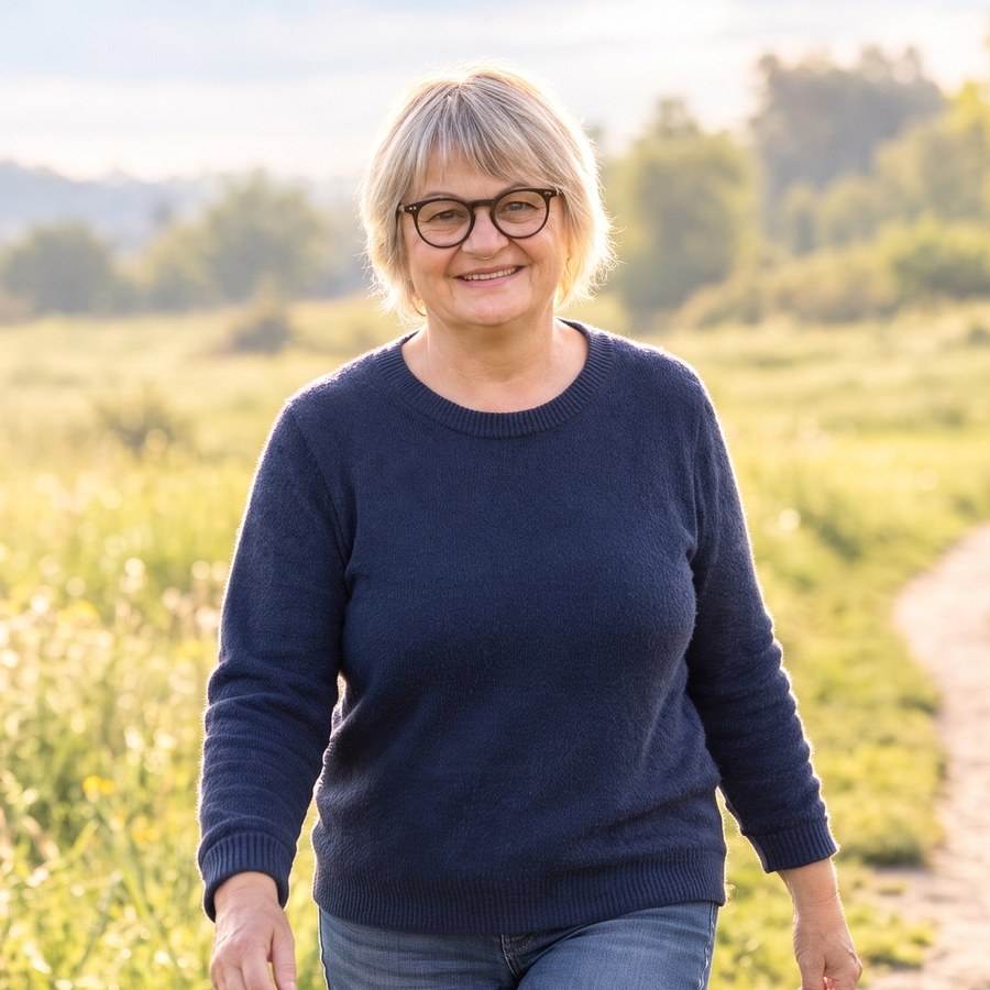Hannelore Lechner, Mindset-Coachin für Frauen ab 60, geht lächelnd auf einem Weg durch eine sonnige Wiese